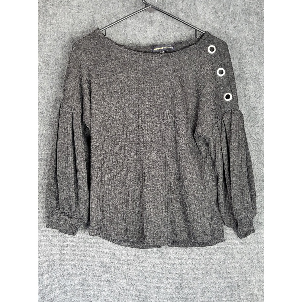 Adrienne Vittadini Gray Ribbed Knit Balloon Sleeve Top Silver Accents Med Casual